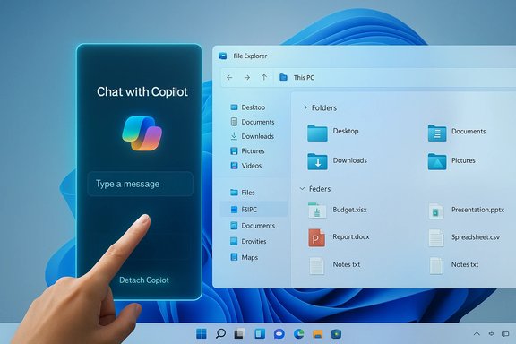 A finger taps a glowing phone screen that reads 'Chat with Copilot' beside a Windows File Explorer window. A finger taps a glowing phone screen that reads 'Chat with Copilot' beside a Windows File Explorer window.