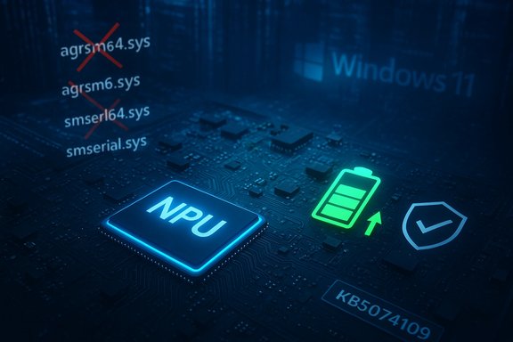 Glowing NPU chip on a blue motherboard with a battery icon and Windows 11 backdrop. Glowing NPU chip on a blue motherboard with a battery icon and Windows 11 backdrop.