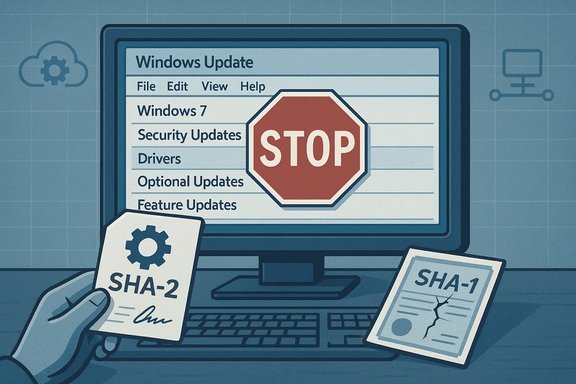 Windows Update dialog on screen shows a STOP sign; SHA-2 card beside a cracked SHA-1 card.