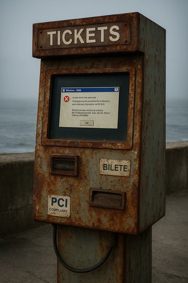 A rusty, vintage ticket kiosk by the sea, its screen showing a Windows 2000 error.