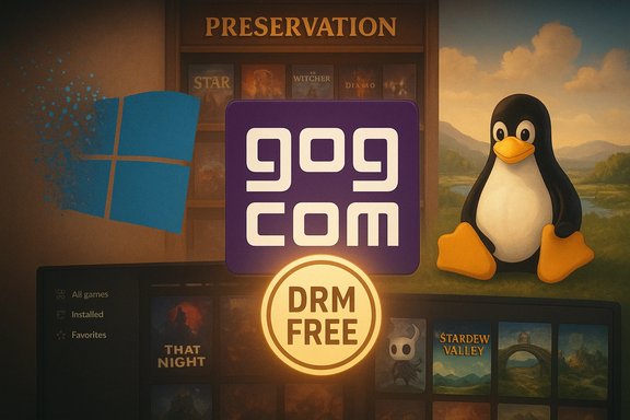 Promo art for 99.com DRM-free games, featuring Windows logo splash, Tux the Penguin, and a game shelf.