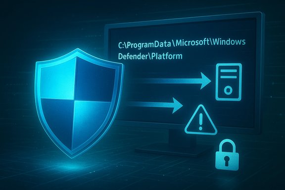 A glowing Windows Defender shield guards a PC, with warning and lock icons.