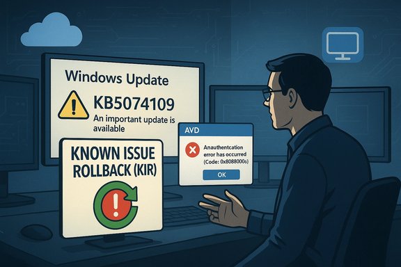 An IT worker faces Windows Update alerts and an authentication error pop-up on their screen.