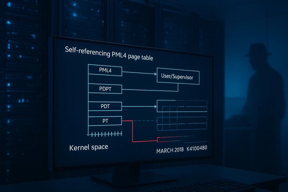 Dark data-center scene with a monitor displaying a PML4 page table diagram.