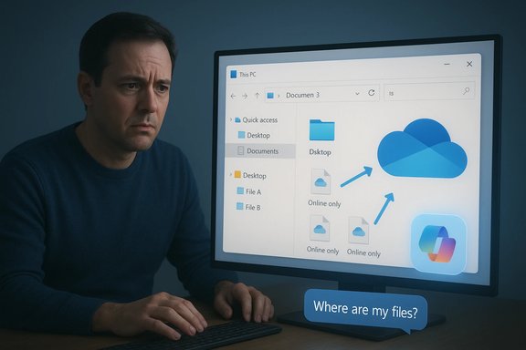 A worried man sits at a computer, watching a Windows screen with cloud icons and 'Where are my files?'
