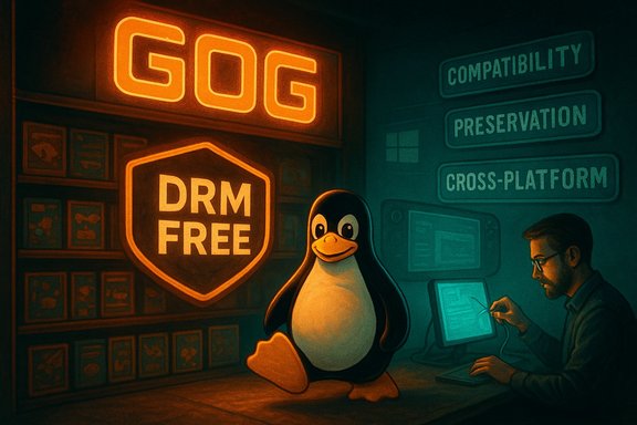 Tux the penguin sits beside a glowing DRM-free sign while a coder works at a computer.