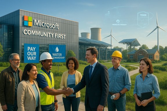 Diverse team shakes hands with a business leader outside Microsoft’s Community First campus.