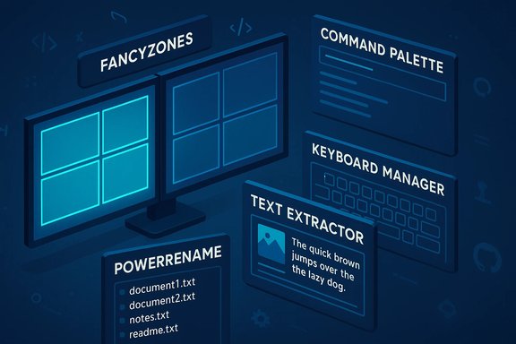 Blue isometric illustration of Windows PowerToys tools: FancyZones, Command Palette, Keyboard Manager, Text Extractor.