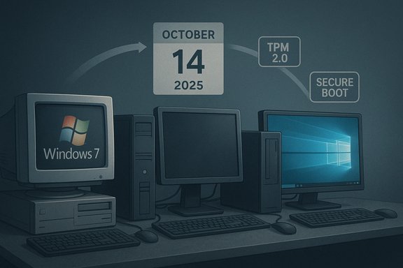 Row of Windows 7 PCs with a calendar date of Oct 14, 2025, highlighting TPM 2.0 and Secure Boot.