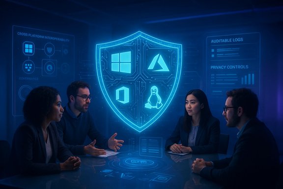 A diverse team discusses cybersecurity around a glowing shield displaying Windows, Linux, and cloud logos.