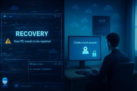 Person at a desk under blue glow, PC shows recovery error and a prompt to create a local account.