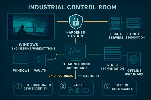 Industrial control room network diagram showing hardened bastion, SCADA servers, and strict segmentation.