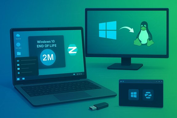 Desk setup shows Windows 10 end of life and a migration to Linux. Desk setup shows Windows 10 end of life and a migration to Linux.