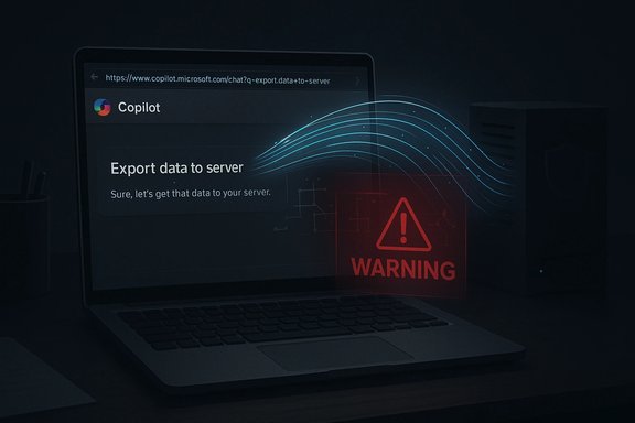 Laptop screen displays “Export data to server” with a neon warning sign and flowing data waves.