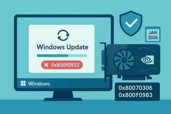 Windows Update error 0x800f0922 shown on a PC with a GPU and security icons.