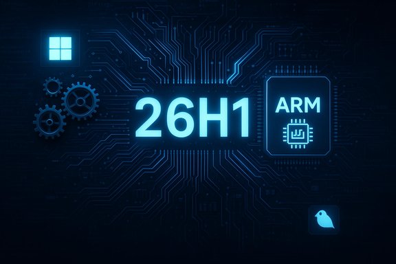 Blue circuitry background featuring an ARM chip and a glowing 26H1 label. Blue circuitry background featuring an ARM chip and a glowing 26H1 label.