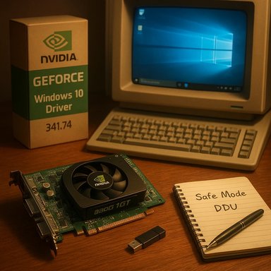Retro computer setup with Nvidia GeForce graphics card, Windows 10 driver box, USB drive, and a Safe Mode DDU notebook.