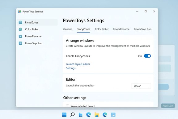 PowerToys Settings window focused on FancyZones layout editor and enable toggle.