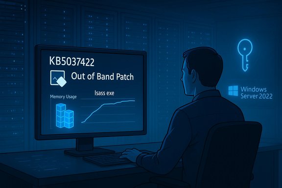 IT professional monitors a Windows Server 2022 'Out of Band Patch' alert in a blue data center.