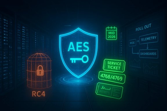 Neon holographic security icons float in a data center: AES shield, RC4 lock, and service tickets.