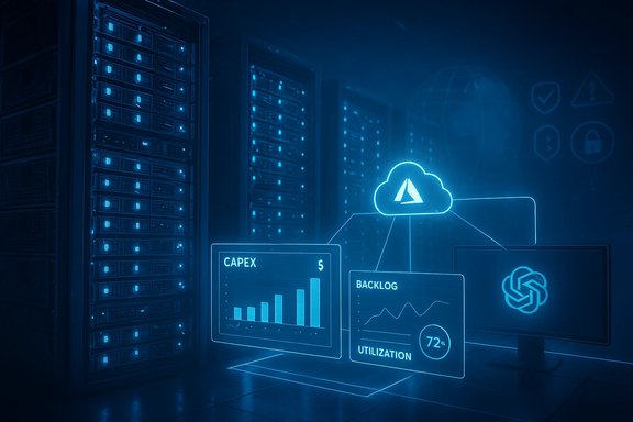 A futuristic data center with blue holographic cloud and analytics dashboards.