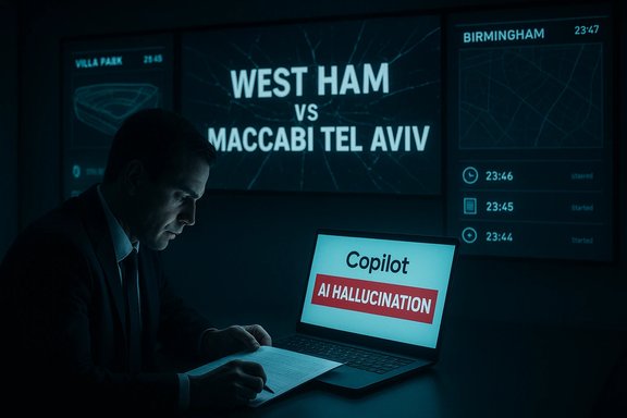 A suited man studies notes as his laptop displays 'Copilot AI HALLUCINATION,' with screens in the background.