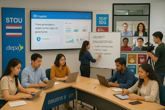 Students work on laptops in a prompt engineering workshop, with a presenter at a whiteboard.