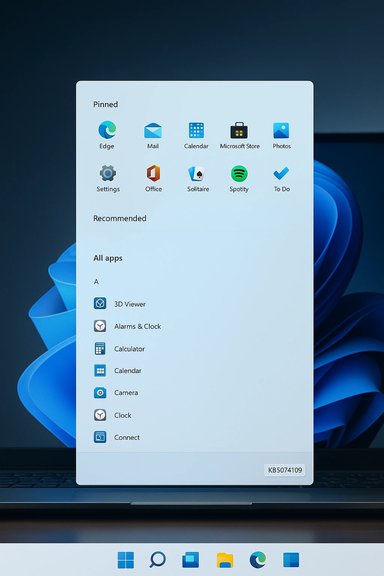 Windows 11 Start menu showing pinned apps and All Apps list on a blue wallpaper.