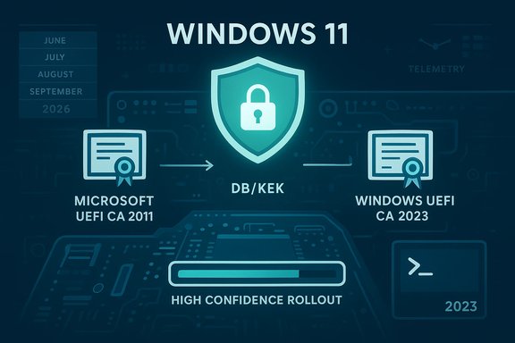 Windows 11 security rollout featuring DB/KEK with Microsoft UEFI CA 2011 and Windows UEFI CA 2023 certificates.