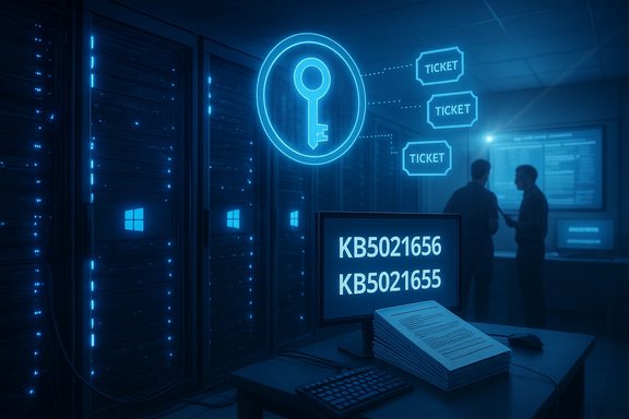 Data center monitor shows KB5021656 and KB5021655 beneath holographic key and ticket icons.