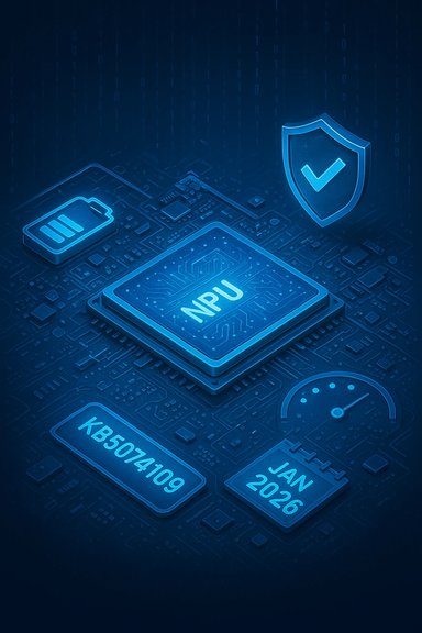 Blue illustration of an NPU chip on a circuit board with a security shield and date badge. Blue illustration of an NPU chip on a circuit board with a security shield and date badge.