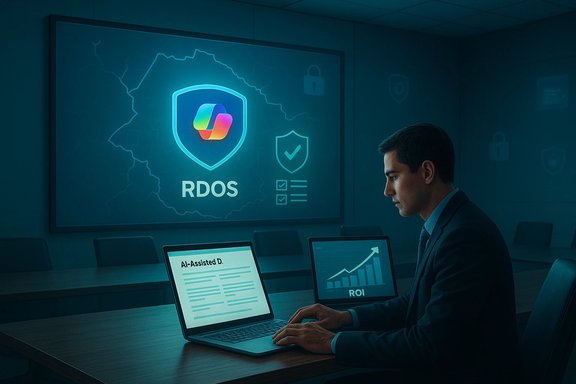A businessman analyzes AI-assisted ROI data on two laptops in a high-tech conference room.