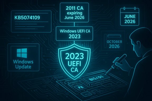 Neon circuit diagram of Windows UEFI CA 2023 with security timelines.