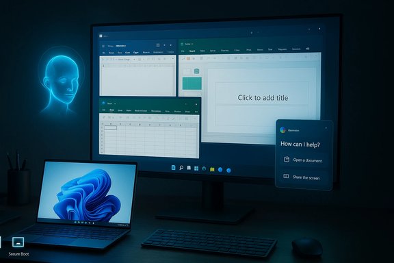 A blue-toned workspace featuring a large monitor with multiple windows, a laptop, and a holographic head.
