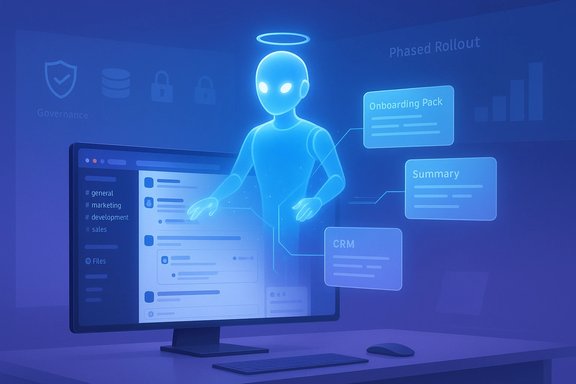 A glowing holographic AI figure hovers above a monitor, with onboarding, CRM, and summary panels.