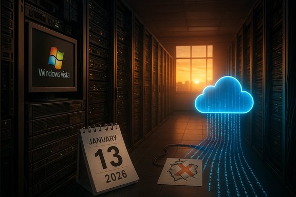 A dark server room with a Windows Vista screen and a glowing blue cloud of data streaming to the floor.