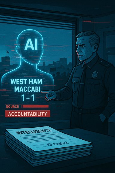 An officer points at a holographic AI silhouette showing 'West Ham Maccabi 1-1,' highlighting accountability in intelligence.
