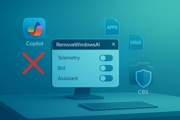 Computer screen shows RemoveWindowsAI with toggles for Telemetry, Bot, and Assistant.