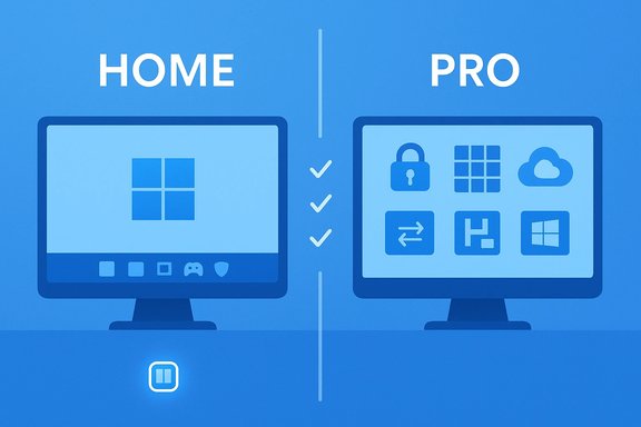 Split-screen comparison of Windows Home and Pro editions on two computer desktops.