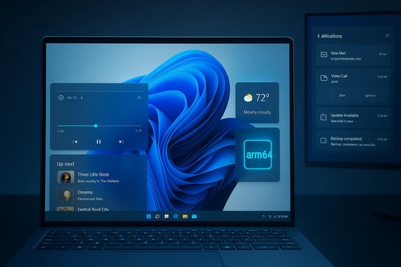 A laptop screen showing Windows 11 with widgets over a blue abstract wallpaper.