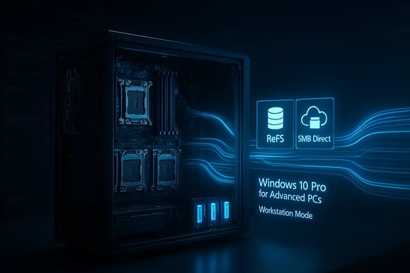 Blue-toned server with glowing data streams and Windows 10 Pro for Advanced PCs (Workstation Mode).