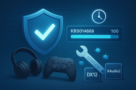 Blue tech scene with a security shield and checkmark, update progress, and gaming gear.