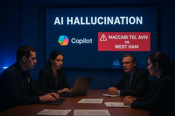 A four-person team discusses AI hallucination in a dim conference room.