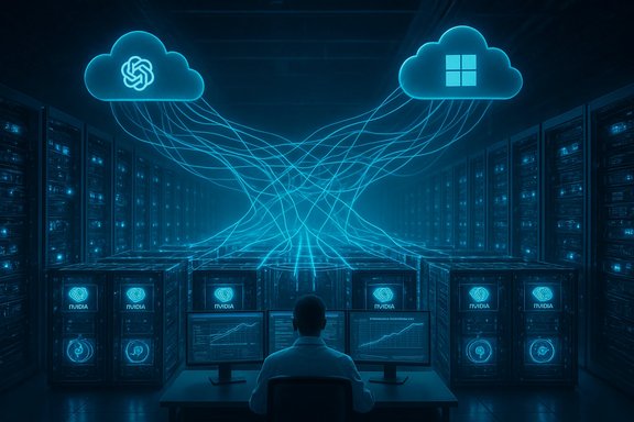 A technician oversees NVIDIA GPU servers in a data center connected by glowing cloud lines.