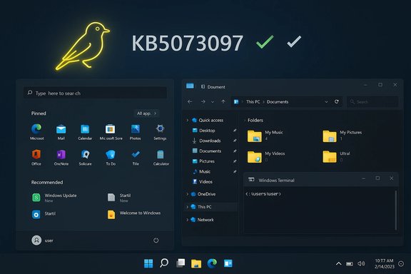Dark Windows desktop with a neon yellow bird logo and KB5073097, plus two dark windows.