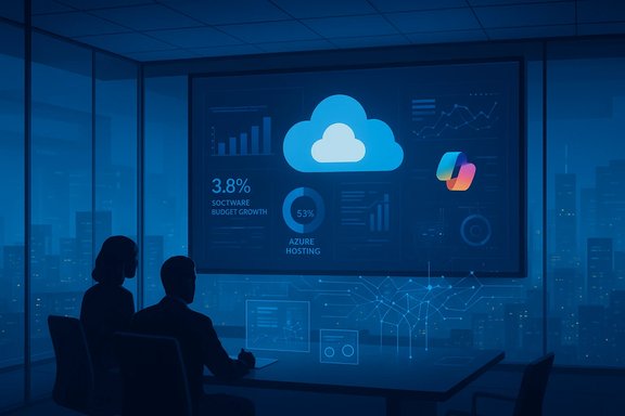 Two silhouettes watch a cloud data dashboard on a large blue-lit conference room screen.