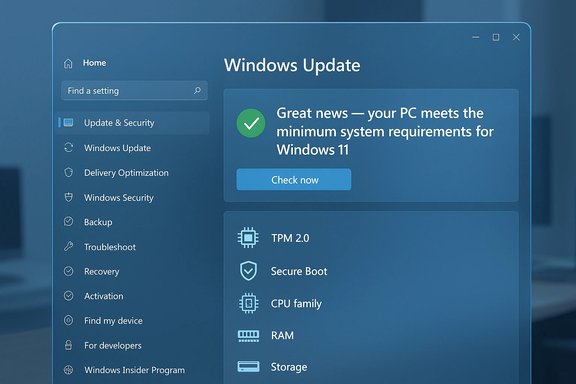 Windows Update settings UI shows the PC meets Windows 11 minimum requirements with a Check now button.