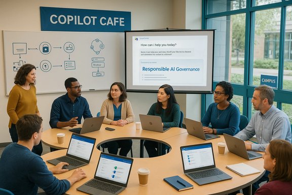 A diverse team at Copilot Cafe collaborates around laptops, presenting on Responsible AI Governance.