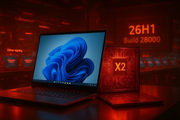 A laptop with blue wallpaper sits beside a glowing red X2 chip in a high-tech lab.