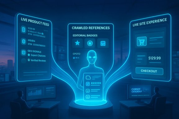 Glowing blue holographic dashboard displaying live product feed, references, and site experience.